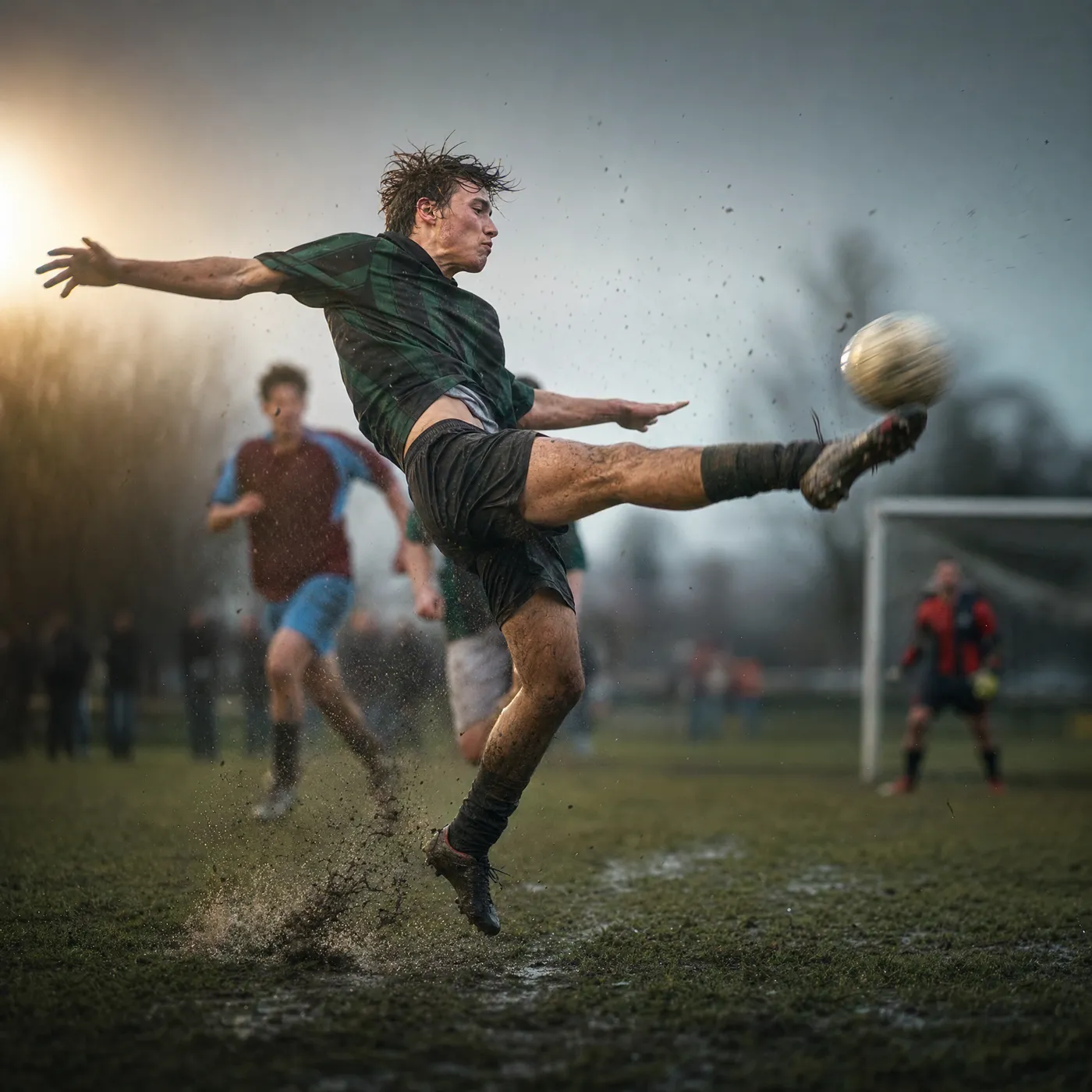 A player volleying the ball on a muddy pitch in the rain
