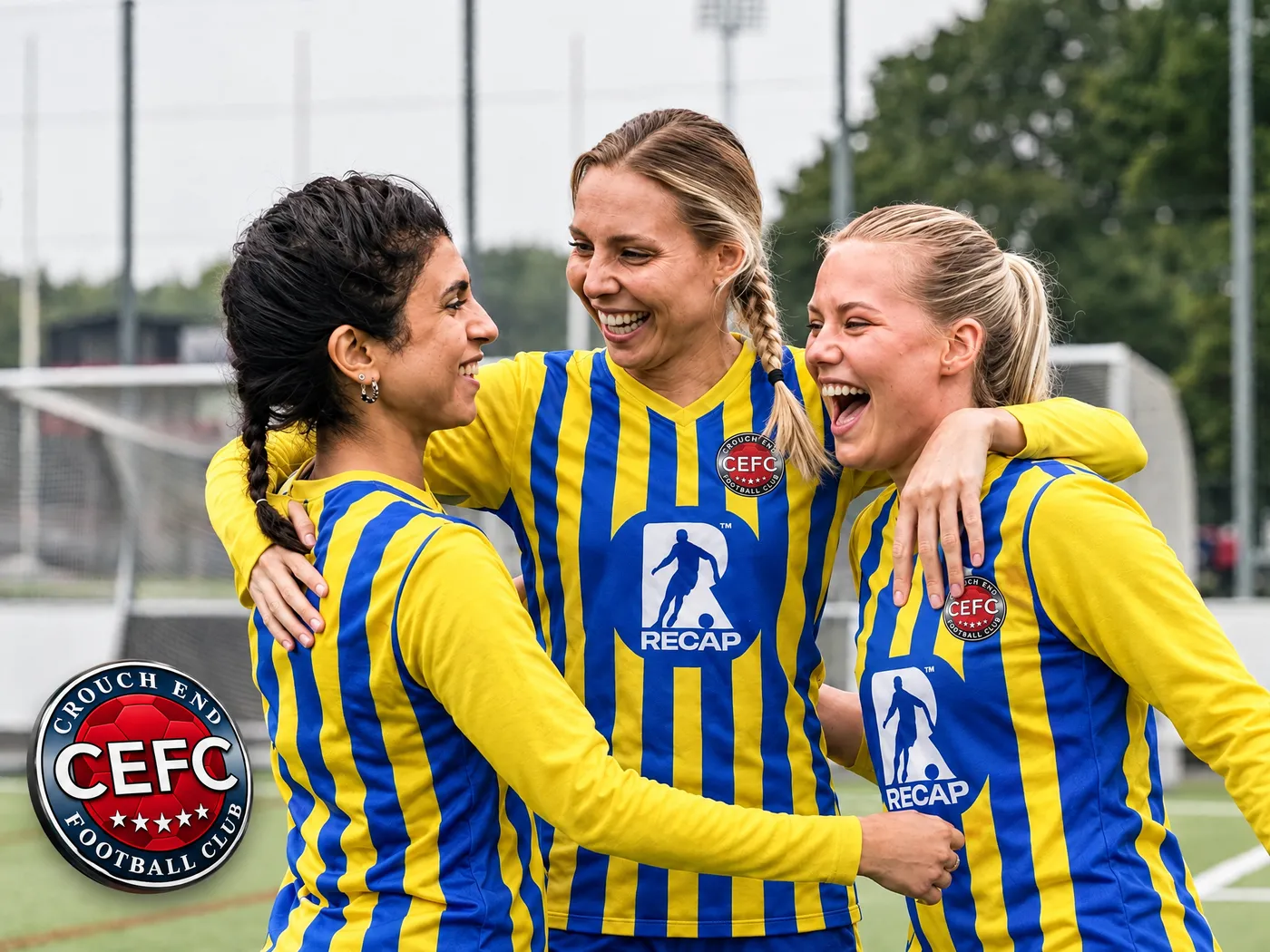 Three Crouch End FC players celebrating in Recap-sponsored shirts